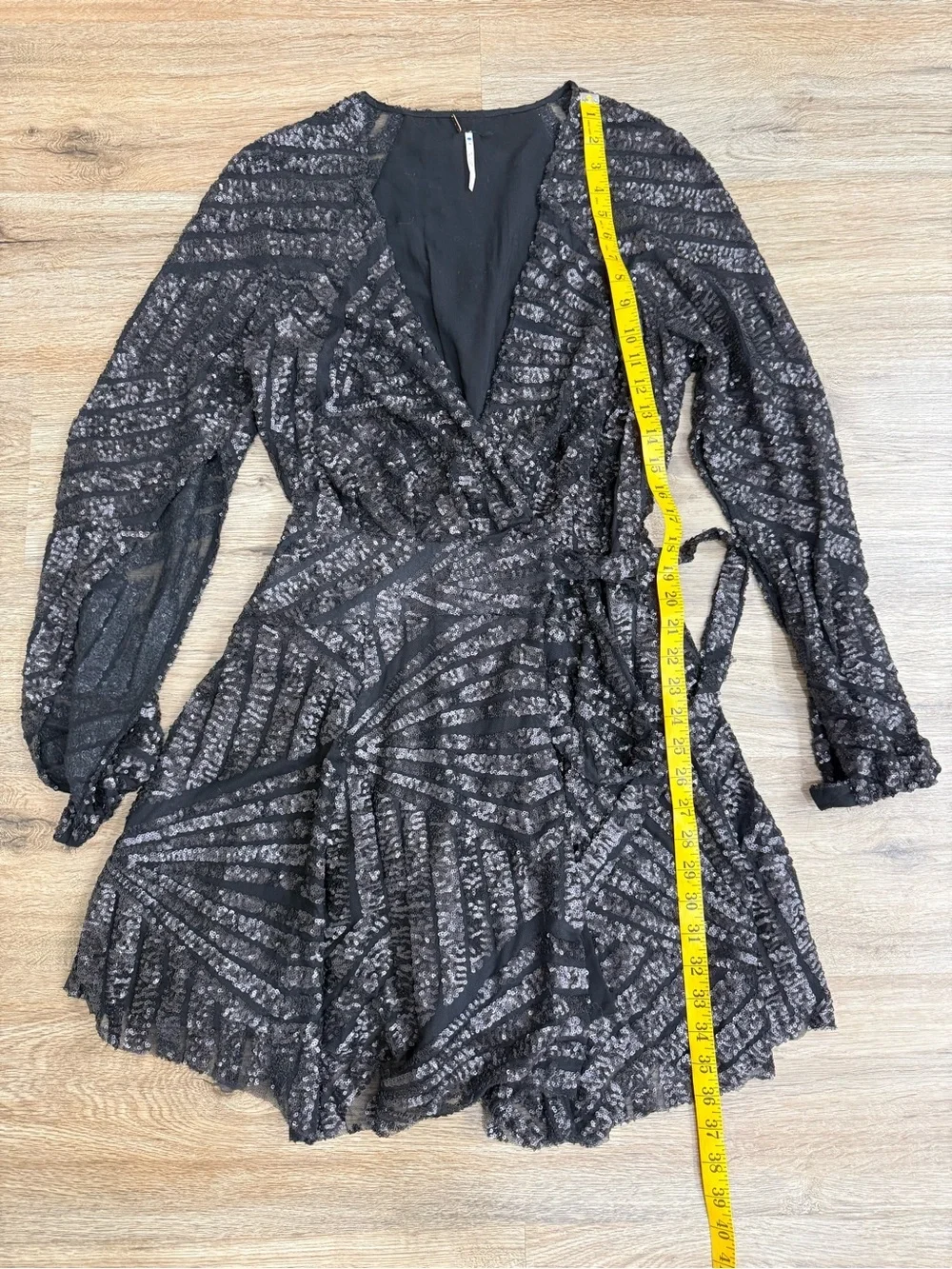Free People Tiger Eyes Muted Charcoal Sequin Side Tie Wrap Mini Dress Sz S
